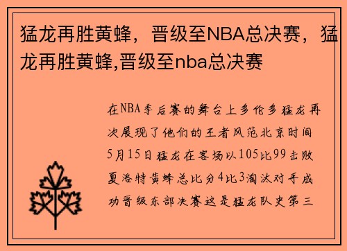 猛龙再胜黄蜂，晋级至NBA总决赛，猛龙再胜黄蜂,晋级至nba总决赛