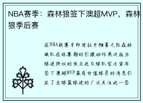 NBA赛季：森林狼签下澳超MVP，森林狼季后赛