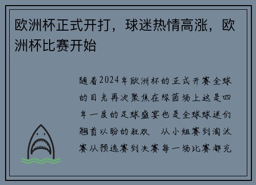 欧洲杯正式开打，球迷热情高涨，欧洲杯比赛开始