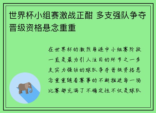 世界杯小组赛激战正酣 多支强队争夺晋级资格悬念重重 世界杯小组赛激战正酣 多支强队争夺晋级资格悬念重重