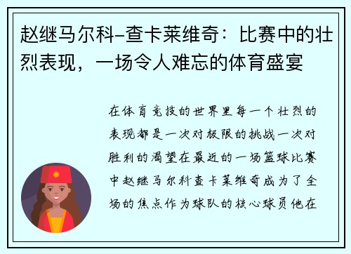 赵继马尔科-查卡莱维奇：比赛中的壮烈表现，一场令人难忘的体育盛宴